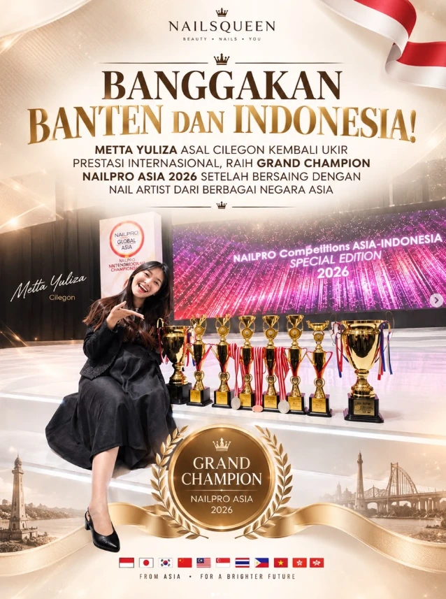 Poster penghargaan Grand Champion Nailpro Asia 2026 untuk owner Nails Squeen, Metta Yuliza