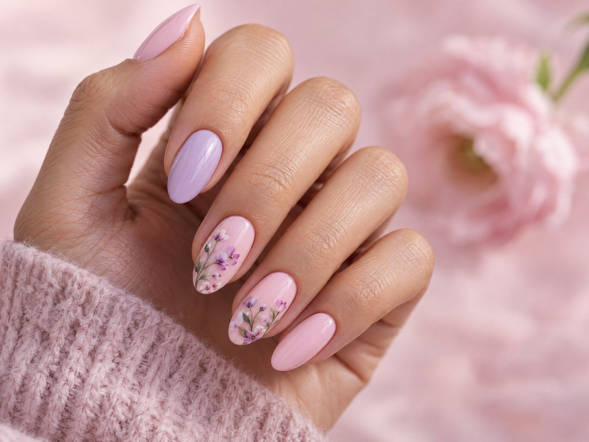 Nail art floral dengan detail bunga halus
