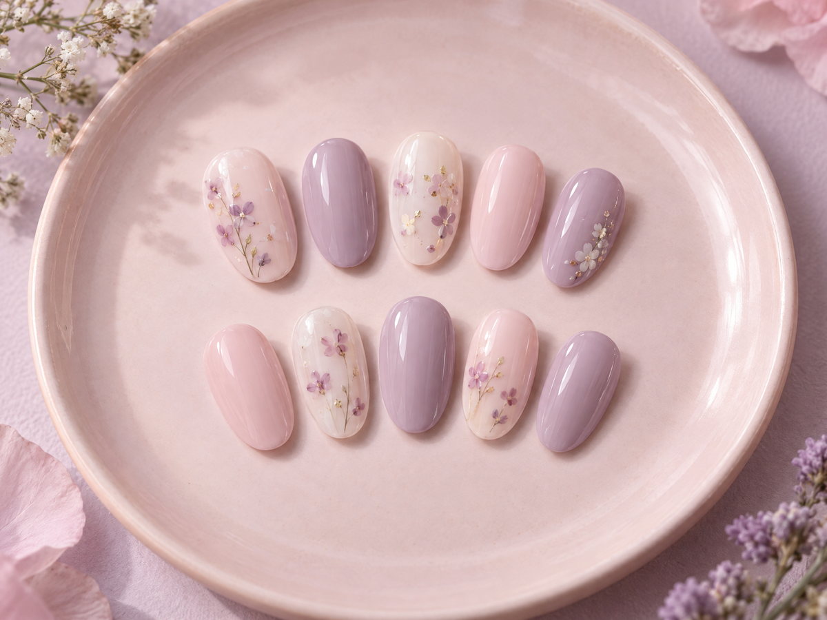 Set Press On Nails dengan nuansa pink dan lavender